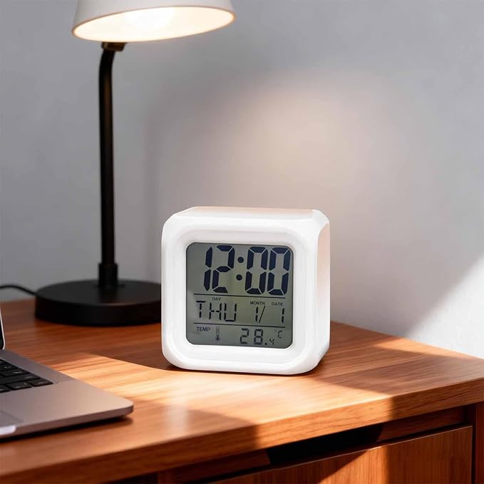Digital Alarm Clock Peach Pink Digital Clock Date, Temperature, and Weekday Display Gradient White Battery Operated 9 Ringtones 7-Color Night Light and Snooze