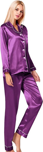 SWOMOG Womens Silk Satin Pajamas Set Long Sleeve Button Down Sleepwear 2 Piece Lounge Set Pj Set XS-3XL