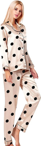 SWOMOG Womens Silk Satin Pajamas Set Long Sleeve Button Down Sleepwear 2 Piece Lounge Set Pj Set XS-3XL