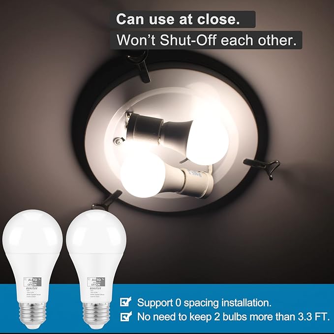 Qualilux Dusk to Dawn Light Bulbs Outdoor 850 Lumen, 60W Equivalent, Daylight Deluxe 6000K, LED 9.5W, A19, E26 Base, 2-Pack, HQ-H002