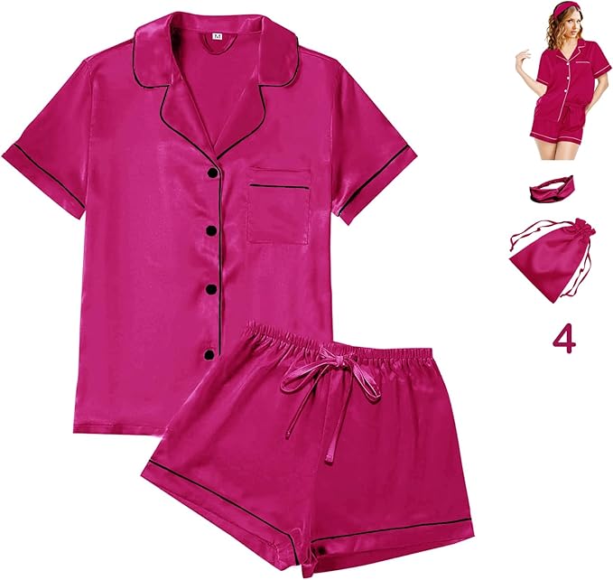 WJing Yi Jia 4Pcs Womens Satin Silky Pajama Sets Short Sleeve Shirt XS-4XL Floral Pajamas Set Soft PJ Loungewear Sleepwear
