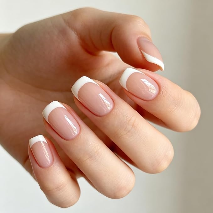 Modelones French Tips Press on Nails, White Short Square Fake Nails, Reusable Nail Kit with Nail Glue Adhesive Tabs Mini Nail File, Spring Nails Press Ons 32Pcs 16 Sizes, Women Girl Gift