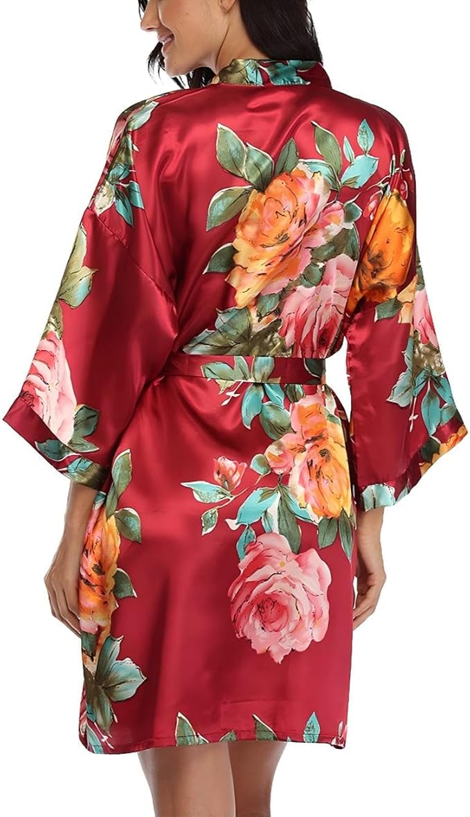 Floral Silk Robes for Women Kimono Satin Short Bath Robe Bridal Dressing Gown Bride Bridesmaids Lightweight Bathrobes