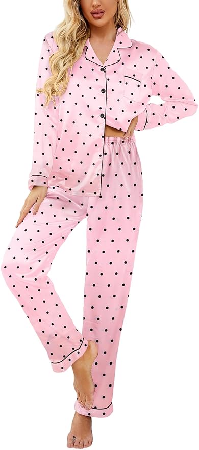 Ekouaer Women's Classic Button Down Long Satin Silk Pajama Set