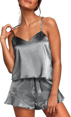 Aamikast Womens Silk Satin Pajama Sets Sexy Cami Ruffled Shorts Sets 2 Piece Pjs Sleepwear