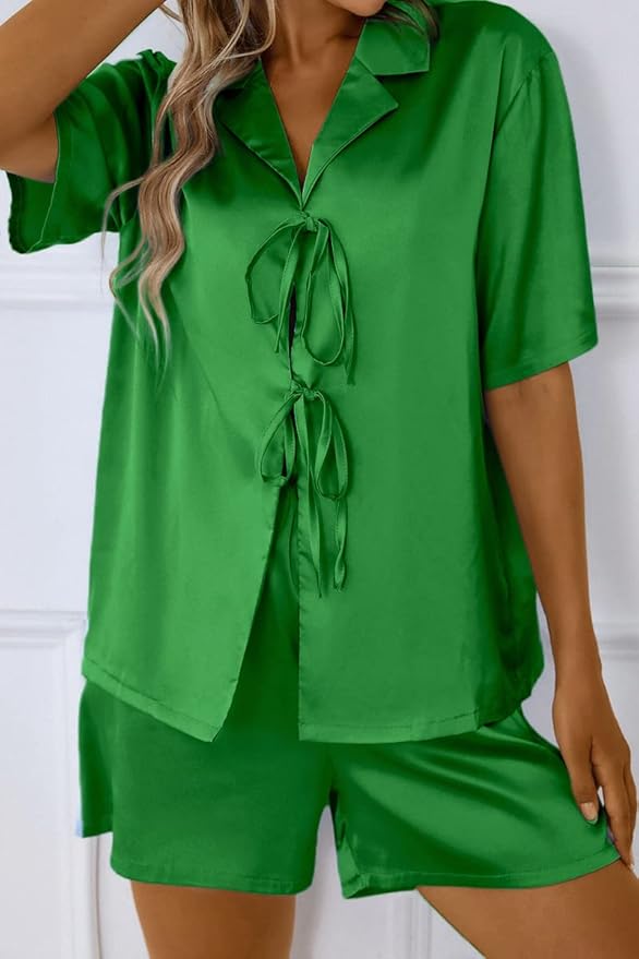 CHYRII Women's Silk Satin Pajamas Sets Tie Front Short Sleeve Tops and Shorts Two Piece Pj Sets Sleepwear