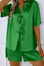 CHYRII Women's Silk Satin Pajamas Sets Tie Front Short Sleeve Tops and Shorts Two Piece Pj Sets Sleepwear