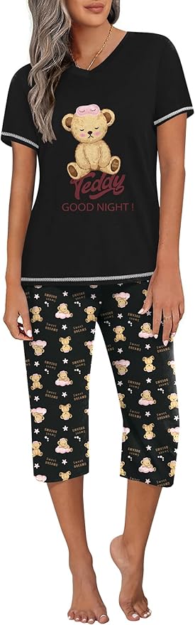 Ekouaer Women's Sleepwear Capri Pajama Sets Short Sleeve Two-Piece Pjs V Neck Tops & Capri Pants with Pockets S-3XL