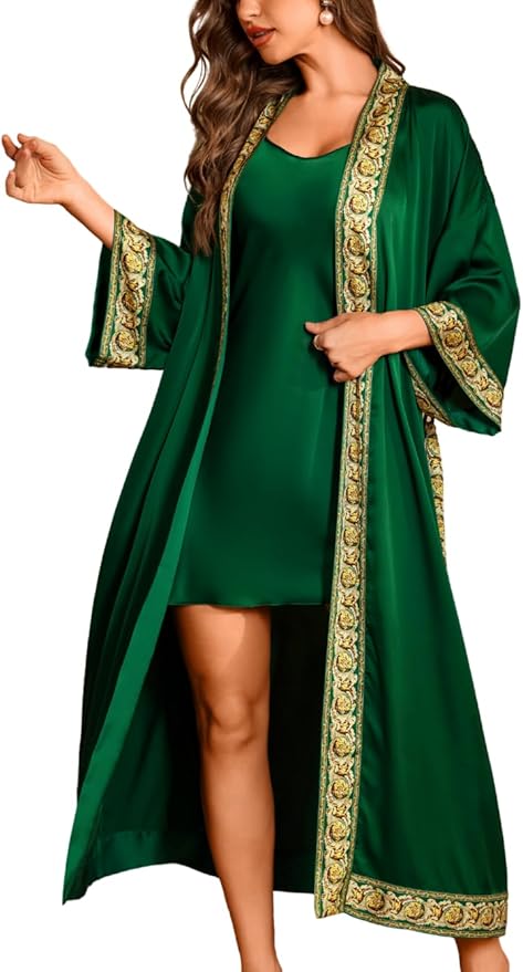 ChiaoLezhee Satin Robe Sets For Women, 2-PC Lightweight Bathrobe, Silk Sleepwear Kimono Bridesmaid Sexy Robes