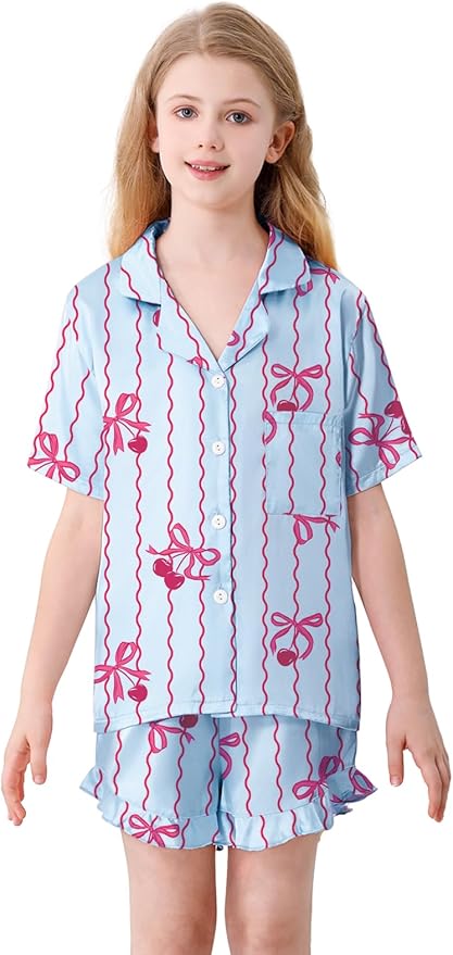 Umeyda Girls & Women Satin Pajamas Set Button Down 2 Piece Silk Pjs Shorts Set Ruffle Sleepwear, 5 Years-Women L