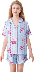 Umeyda Girls & Women Satin Pajamas Set Button Down 2 Piece Silk Pjs Shorts Set Ruffle Sleepwear, 5 Years-Women L