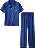Umeyda Girls Womens Pajamas Set, Satin Silky Button Down Loungewear 2 Piece Short Sleeve Pants PJS Sets for Mommy Kids
