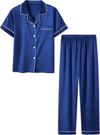 Umeyda Girls Womens Pajamas Set, Satin Silky Button Down Loungewear 2 Piece Short Sleeve Pants PJS Sets for Mommy Kids