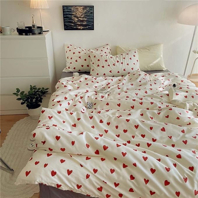 Nayoroom Heart Duvet Cover Full Size Cute Red Love Heart Printed on White Bedding Set 3Pcs Kids Girls Kawaii Heart-Shaped Pattern Comforter Cover with Zipper Closure Soft Breathable Microfiber