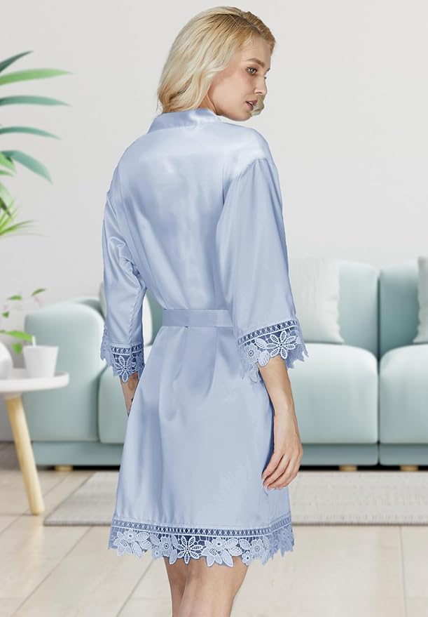 Silk Robes for Womens 2Pcs Satin Robe Kimonos Bridesmaid Bride Lace Bathrobes Sleepwear Bridal Silky Loungewear Wedding Robes