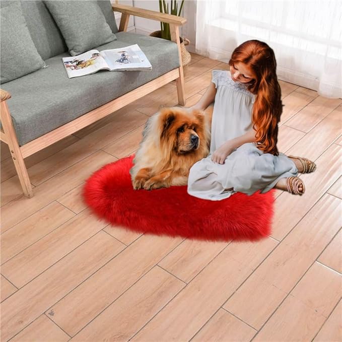 Fluffy Faux Fur Heart Shaped Area Rug Soft Fuzzy Carpet Home Decoration Wedding Party for Bedroom Living Room Bedside 40x50cm Red