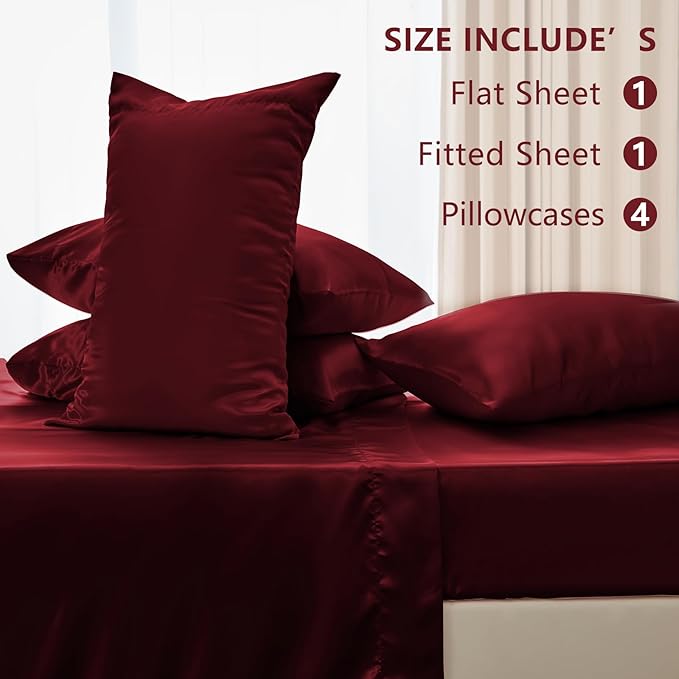 CozyLux Satin Sheets King Size Sheet Set - 6 Piece Silky King Sheets, Luxury Burgundy King Bed Set with Smooth and Soft Microfiber, Includes 1 Fitted Sheet, 1 Flat Sheet and 4 Pillowcases