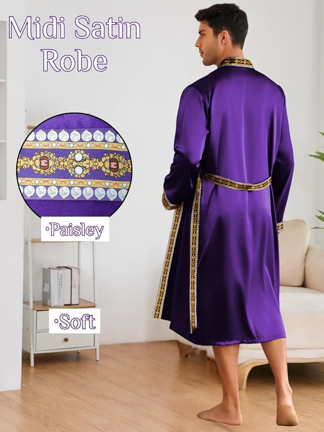 ChiaoLezhee Mens Satin Bath Robe with Shorts Set, Silk Paisley Kimono Lightweight, Soft Long Sleeve Sleepwear