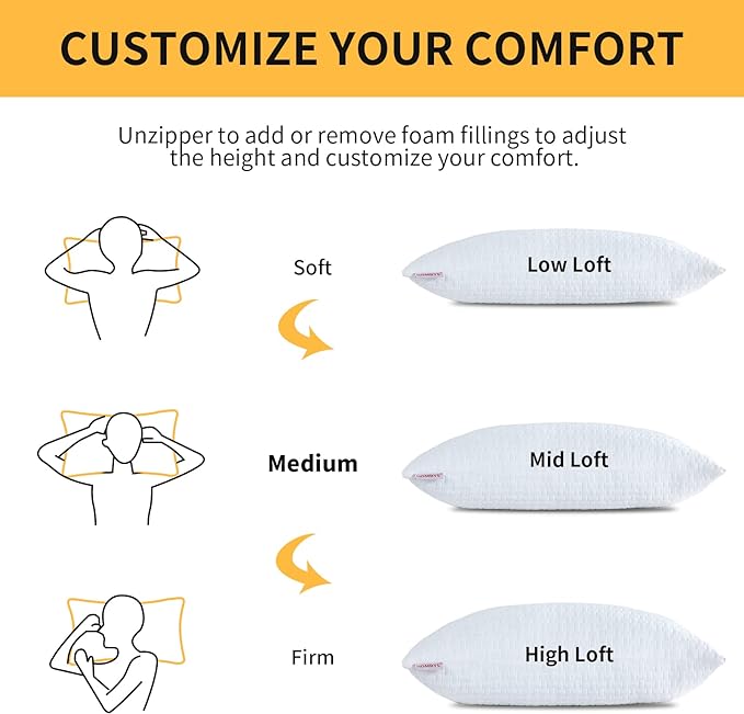 HOMBYS 2 Pcs Extra Firm Bed Pillows for Sleeping, Shredded Memory Foam Pillows Standard Size, for Side, Back, Stomach Sleepers,40% Viscose Made from Bamboo Cooling Cover