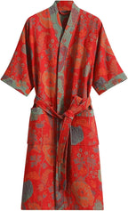 Womens Boho Floral Print Robe Lightweight Short Sleeve Bathrobe Soft Kimono Robes V-neck Loungewear with Pockets