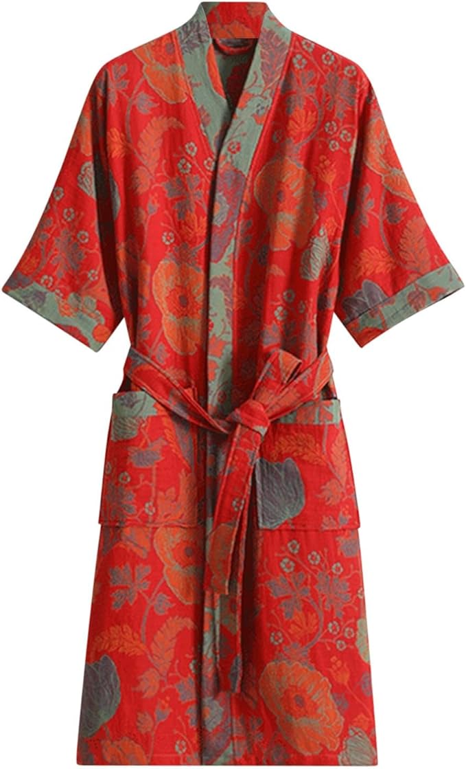 Womens Boho Floral Print Robe Lightweight Short Sleeve Bathrobe Soft Kimono Robes V-neck Loungewear with Pockets