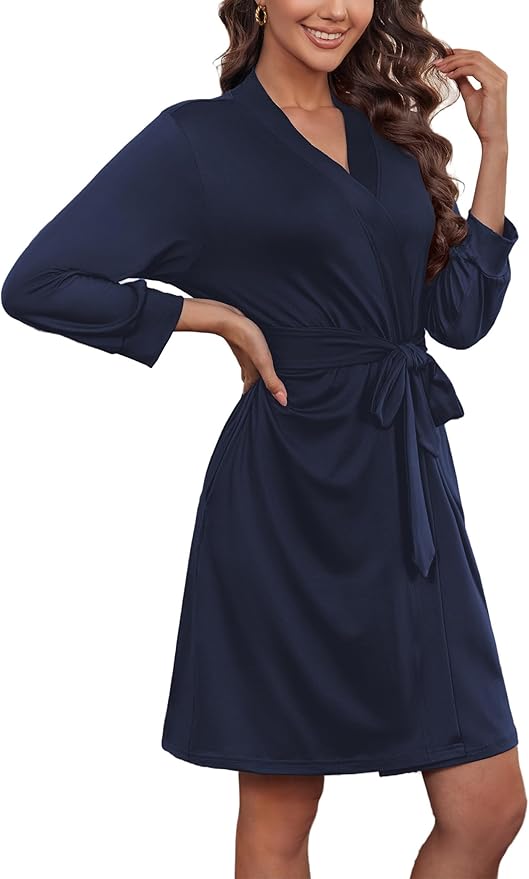 Ekouaer Women‘s Robes Lightweight 3/4 Sleeve Short Knit Bathrobe Soft Knee Length Sleepwear Robes with Pockets S-XXL