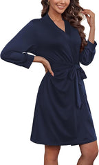 Ekouaer Women‘s Robes Lightweight 3/4 Sleeve Short Knit Bathrobe Soft Knee Length Sleepwear Robes with Pockets S-XXL