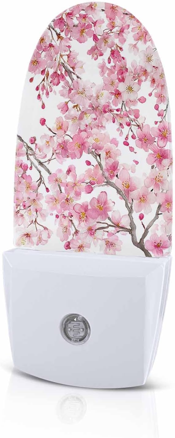 Spring Pink Blossom Peach Night Light Plug into Wall, Watercolor Flower Tree Branch Popsicle Shape Night Light Nightlight with Light Sensors for Kids Bedroom Hallway