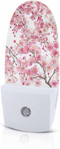 Spring Pink Blossom Peach Night Light Plug into Wall, Watercolor Flower Tree Branch Popsicle Shape Night Light Nightlight with Light Sensors for Kids Bedroom Hallway