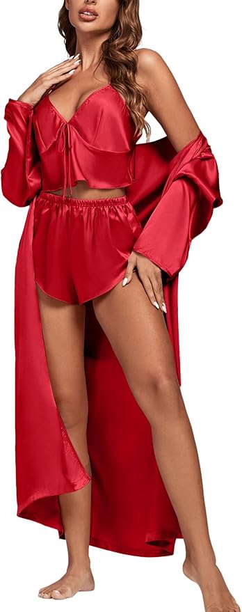 OPOIPIN Women's 3 Piece Pajama Set Sexy Cami Top and Shorts with Robe Sleepwear Loungewear Set