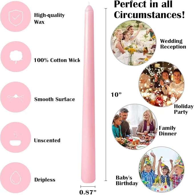 12 Pack 10 inch Pink Taper Candles, Unscented Dripless Candlestick Bulk for Home Dinner Wedding Romantic, Long-Lasting Burn Time of 7-8 Hours