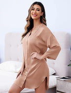 Ekouaer Satin Nightgowns for Women Silk Sleepwear Button Down Sleepshirt 3/4 Sleeve V-Neck Nightshirts with Pockets