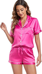 Serenedelicacy Women's Satin Pajama Set 2-Piece Sleepwear Loungewear Button Down Short Sleeve Silky PJ Set