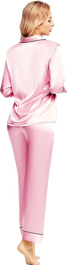 SIHA Satin Silk Pajamas for Women Pajama Set With Long Sleeve Button-Down Satin Pajamas Sleepwear XS-3XL