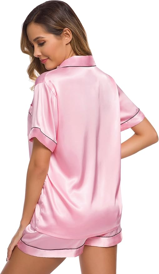 SWOMOG Womens Silk Satin Pajamas Set Short Sleeve Sleepwear Button Down Top and Shorts Loungewear 2 Piece Pjs Set XS-3XL