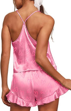 CHYRII Women's Sexy Silk Satin Ruffled Pajamas Sets Cami Shorts Sets Sleepwear