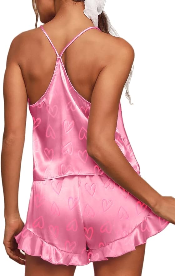 CHYRII Women's Sexy Silk Satin Ruffled Pajamas Sets Cami Shorts Sets Sleepwear