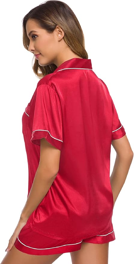 SWOMOG Womens Silk Satin Pajamas Set Short Sleeve Sleepwear Button Down Top and Shorts Loungewear 2 Piece Pjs Set XS-3XL