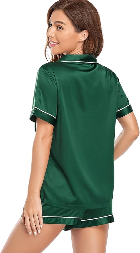 Serenedelicacy Women's Satin Pajama Set 2-Piece Sleepwear Loungewear Button Down Short Sleeve Silky PJ Set