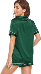 Serenedelicacy Women's Satin Pajama Set 2-Piece Sleepwear Loungewear Button Down Short Sleeve Silky PJ Set
