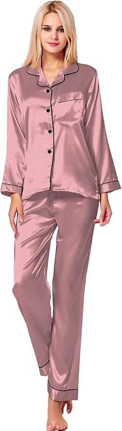 SWOMOG Womens Silk Satin Pajamas Set Long Sleeve Button Down Sleepwear 2 Piece Lounge Set Pj Set XS-3XL