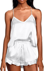 CHYRII Women's Sexy Silk Satin Ruffled Pajamas Sets Cami Shorts Sets Sleepwear