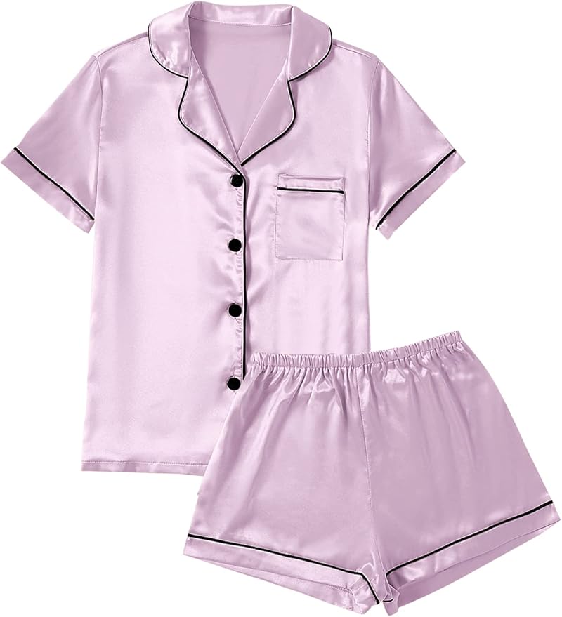 LYANER Women's Silky Satin Pajamas Set Short Sleeve Button Down Shirt With Shorts Pjs Set Sleepwear