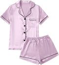 LYANER Women's Silky Satin Pajamas Set Short Sleeve Button Down Shirt With Shorts Pjs Set Sleepwear