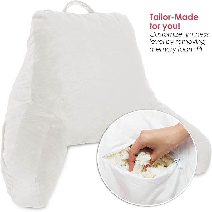 Clara Clark Reading Pillow with Shredded Memory Foam for Sitting Up in Bed and Couch, Back and Arms Adjustable Support for Adults & Teens Backrest Pillows for Reading, with Washable Cover White