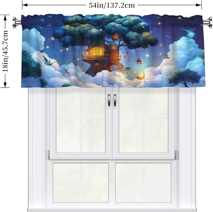 Whimsical Treehouse in Dreamy Night Sky Curtain Valance Peach Skin Velvet Printed Window Valance with Rod Pocket Light Filtering for Kitchen Bathroom 54x18in