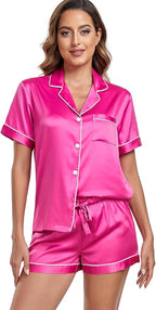 Serenedelicacy Women's Satin Pajama Set 2-Piece Sleepwear Loungewear Button Down Short Sleeve Silky PJ Set