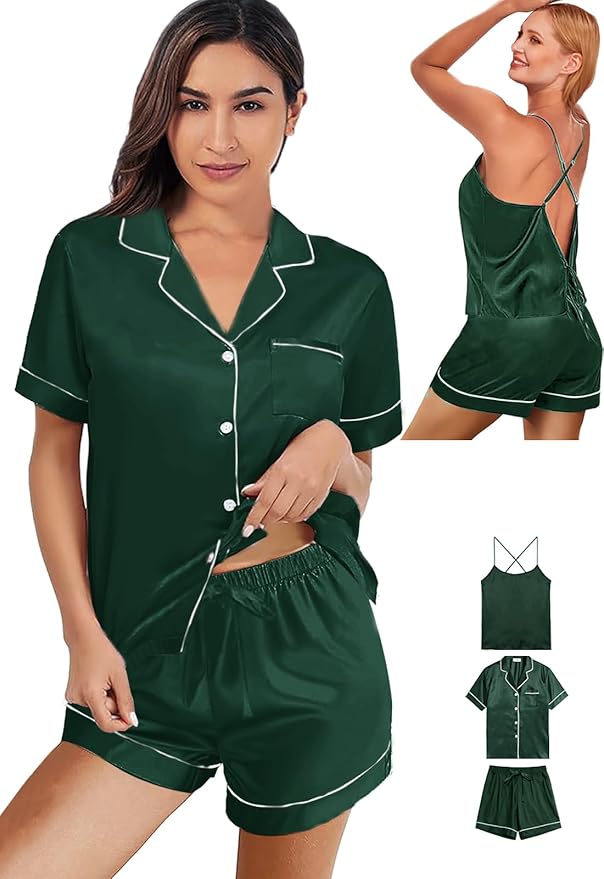 WJing Yi Jia 3Pcs Silk Pajamas Set for Women XS-4XL Satin Pajama Lingerie Pjs Cami Tops Silky Pj Sets Sleepwear Nightwear