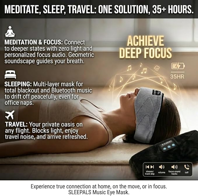 Sleepals Bluetooth Sleep Mask with 24 Built-in White Noise Sounds, Ultra-Slim Headphones for Side Sleepers, 100% Light Blockout 3D Eye Mask, Washable Fleece Sleep Headphones (Gray)