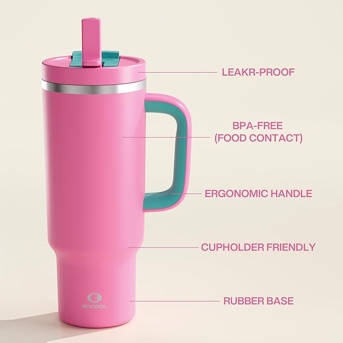 ENCOOL 40 oz Tumbler with Handle and Straw: Stainless Steel Insulated Tumbler Keeps Cold for 24 Hours, Leakproof Travel Cup Fits in Cup Holder and BPA-Free,Light Crimson